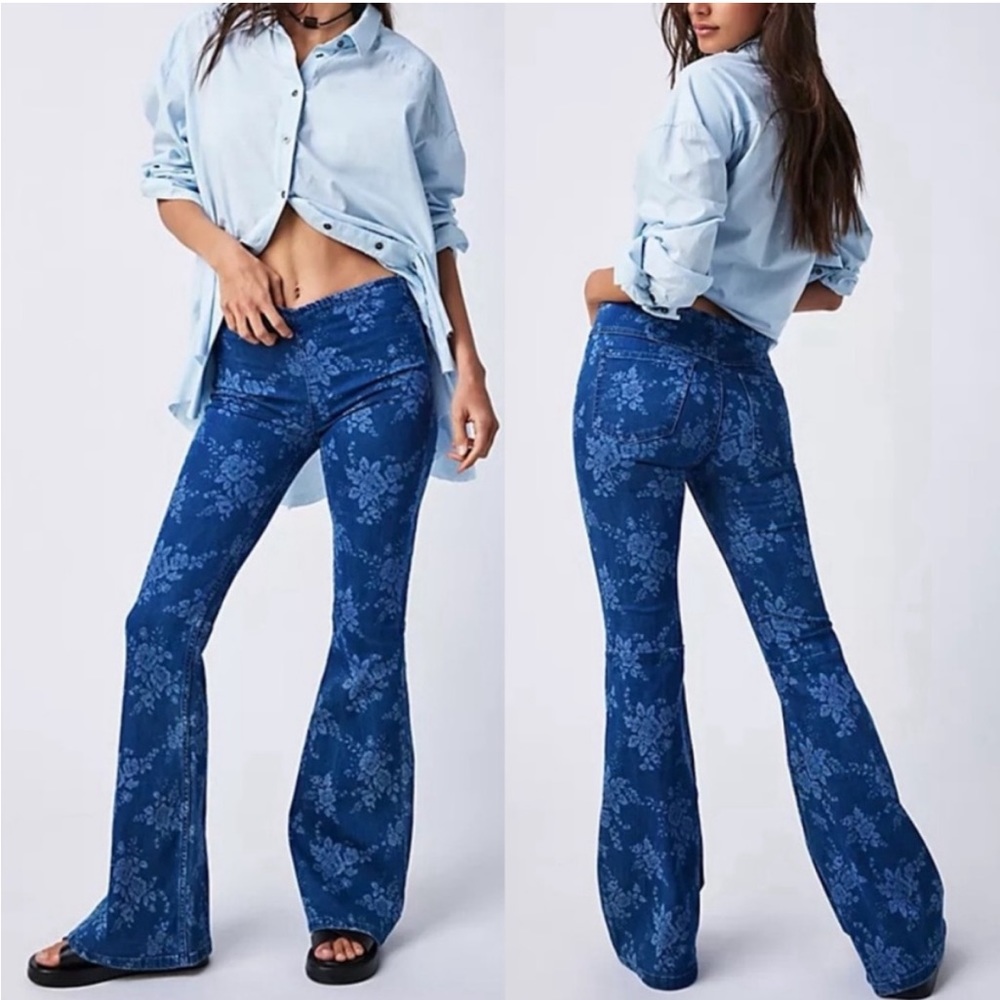 NEW Free People Penny Printed Pull-On Flared Jeans Dark Indigo / Romantic Combo